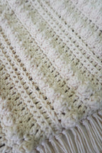 Close-up of a cream-colored crocheted textile with a textured crochet pattern and fringe along the bottom edge.
